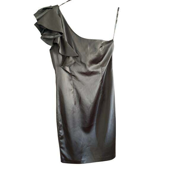 BARDOT | Black Satin One Shoulder Ruffle Sleeve Mini Cocktail Dress LBD | Size 6 - Picture 2 of 10